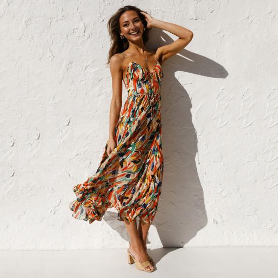 Summer Beach Dress V Neck Sleeveless Spaghetti Strap Shirring Backless Colorful Print Back Zipper Strappy Waist Vacation Sundress Holiday Slip Dress