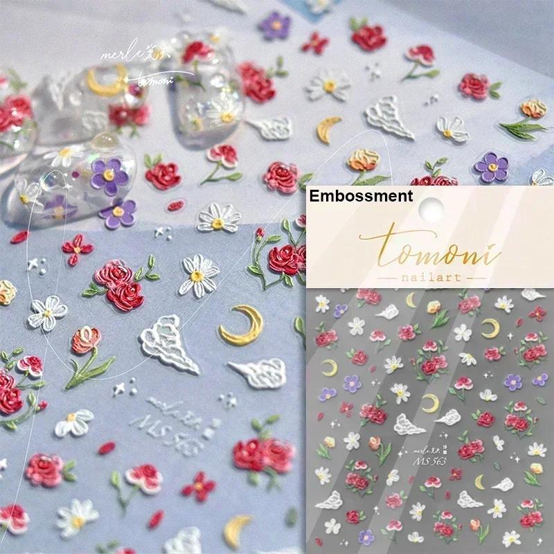 White Flower Gold Leaf Floral Petal Tulip Bloom Charming Retro Metal Soft Self Adhesive 5D Nail Art Sticker Manicure Decal DIY