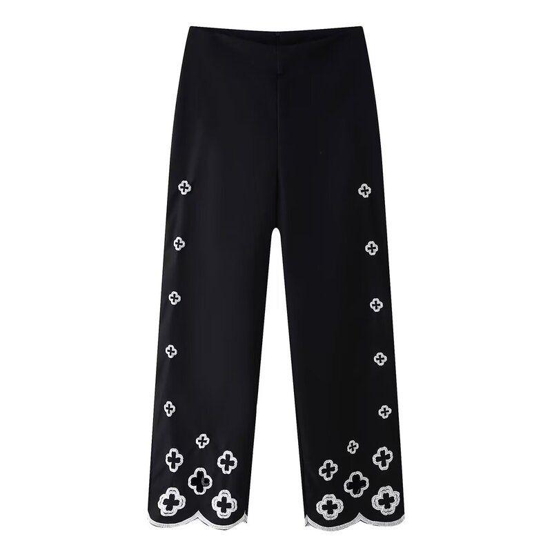 

Women s Clothing Fashion Style All-Matching Hollow Pants Flowers Embroider Pants L