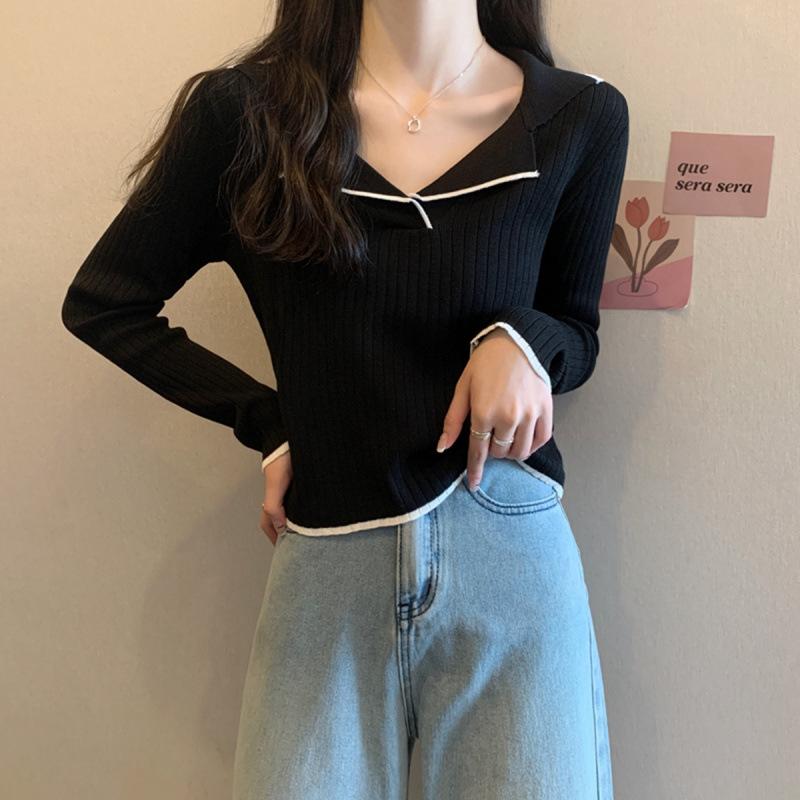 Polo Collar Knit Base Layer Women Spring Autumn Long Sleeve French Style Sweater Top