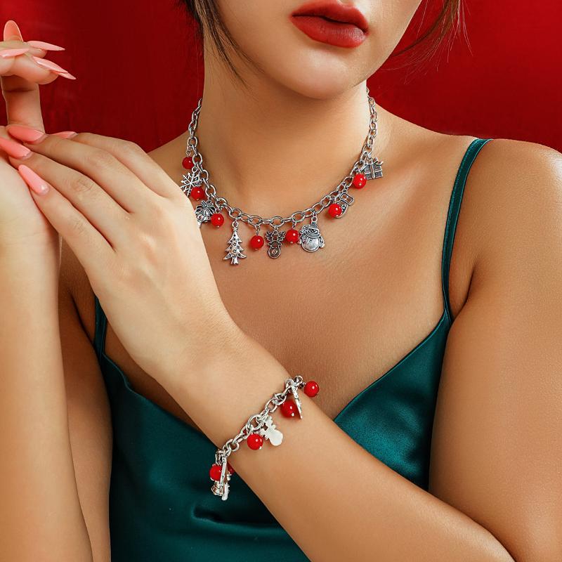 GemChic Women's Alloy Christmas Tree Snowman Bell Geometric Necklace Bracelet Two Piece Set Birthday Christmas Jewelry Gift