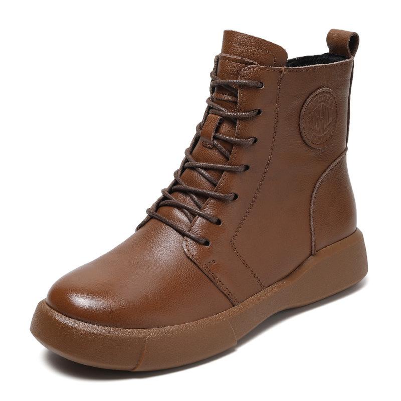 

Модные зимние женские сапоги премиум-класса из черной коровьей кожи на плоской подошве, коричневые кожаные ботильоны с боковой молнией, мотоциклетные сапоги с подкладкой из овчины, женская обувь 40 коричневый