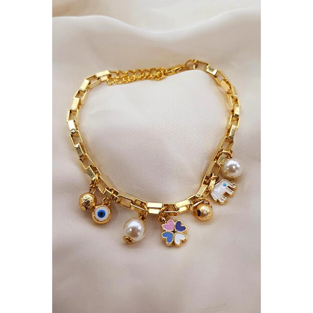 Lilac Clover Elephant Evil Eye Pearl Charm náramek na kotník zlatý
