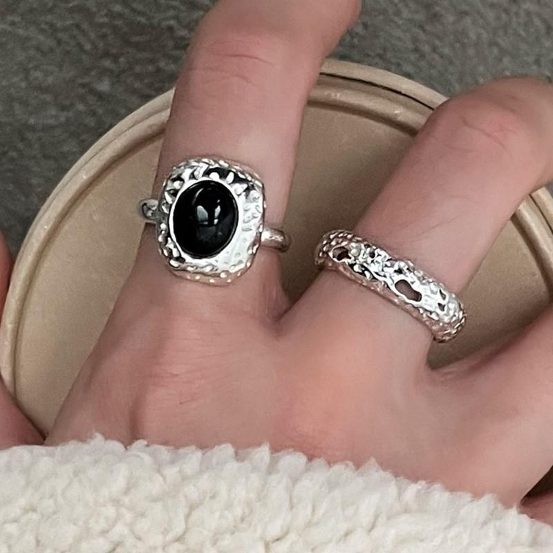 PANJBJ 925 Sterling Silve Black Agate Ring for Women Punk Irregular Hollow Out Liquid Lava Adjustable Jewelry Gift Dropshipping