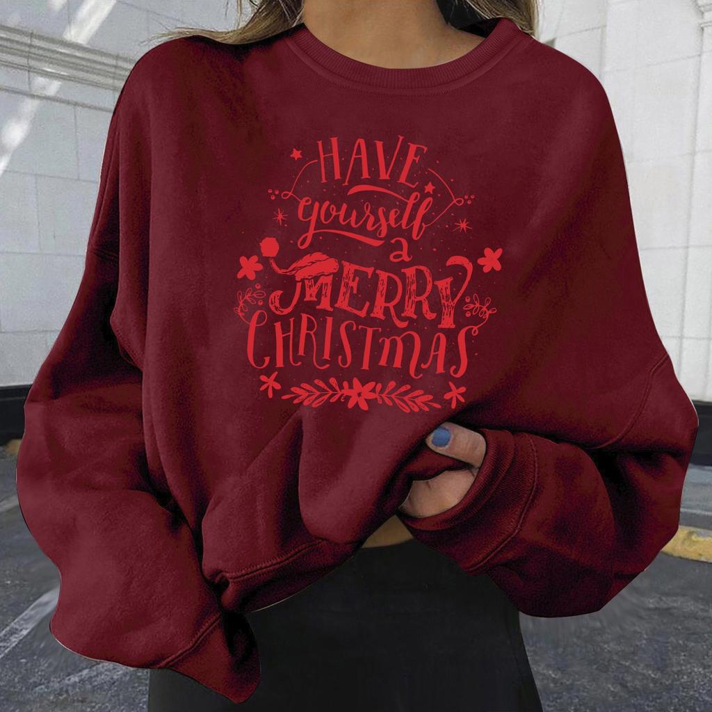 Women's Casual Fashion Christmas Printed Long Sleeve O-Neck Pullover Top
