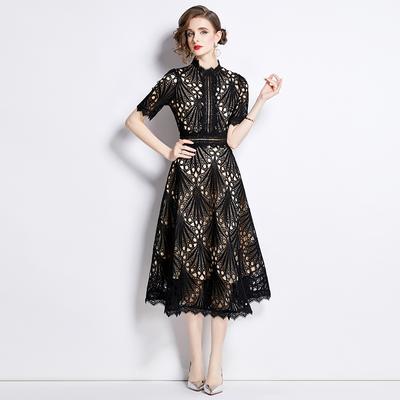 Lace Hollow Out Summer Dress Women's Runway Embroidery Design Vintage Elegant Short Sleeve Dresses