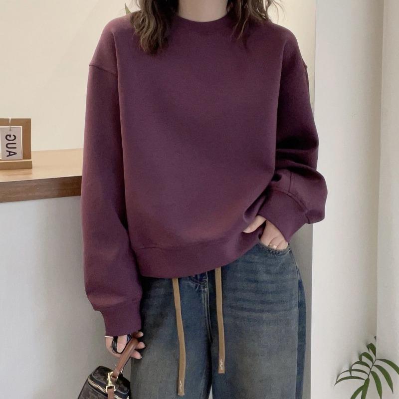 Solid Color Velvet Thickened Short Round Neck Sweatshirt Women Loose Korean Style Slim Top