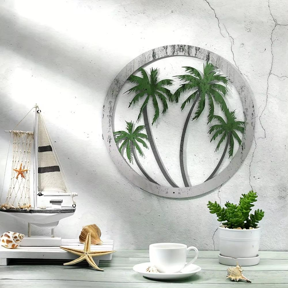1pc Metal Palm Tree Wall Plaque Decorative Round Wall Art for Outdoor Spaces Stylish Hanging Palm Tree Décor Ideal Wall Sticker