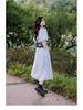 French Blue V-Neck Puff Sleeve Tea Break Dress - Women's Summer Slimming Lace-Up Waist Elegant Skirt