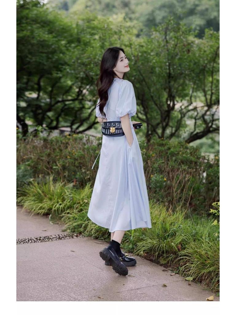 French Blue V-Neck Puff Sleeve Tea Break Dress - Women's Summer Slimming Lace-Up Waist Elegant Skirt