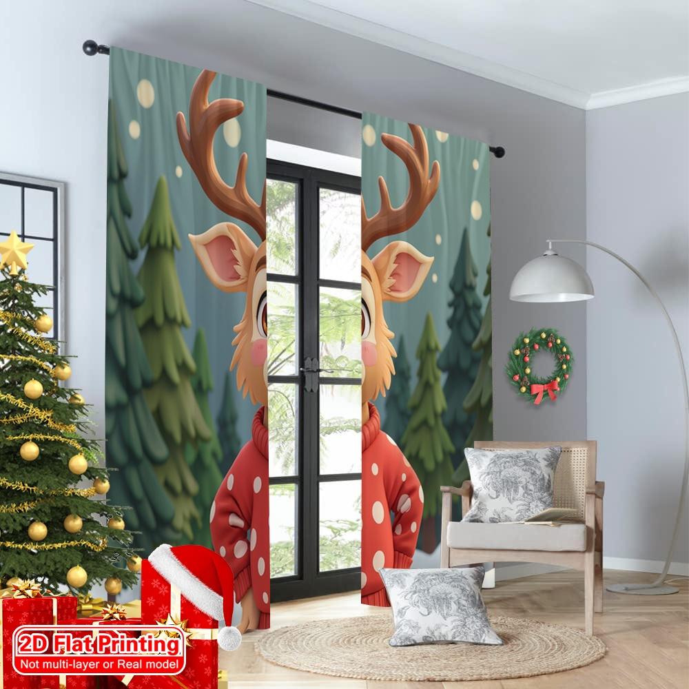 2pcs 2D Flat Printing Merry Christmas Curtains Deer Wearing Christmas Sweater Forest Polyester Without Electricity Festive Wall