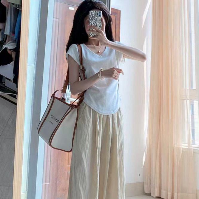 

Summer Dopamine V-Neck T-Shirt + High-Waisted Wide-Leg Pants Two-Piece Set S 75-90 cm