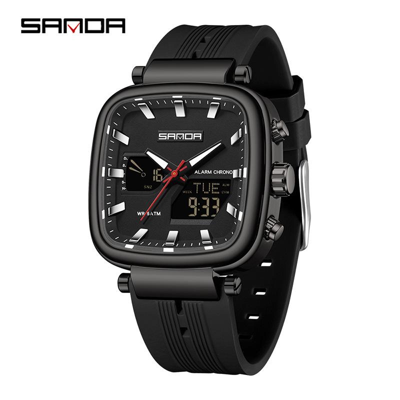 Sanda Unisex Trendy Square Watch: Multifunctional, Waterproof, Dual Display, Sports/Calendar Features, Casual Men's Electronic Wristwatch.