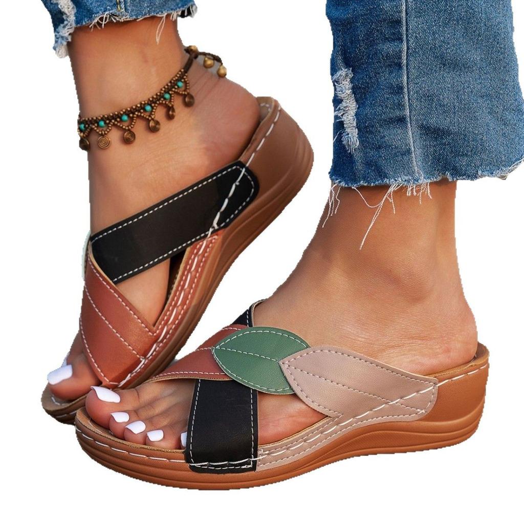2025 summer new cross sandals wear one word cool slippers South East Asia large size wedge heel women's shoes