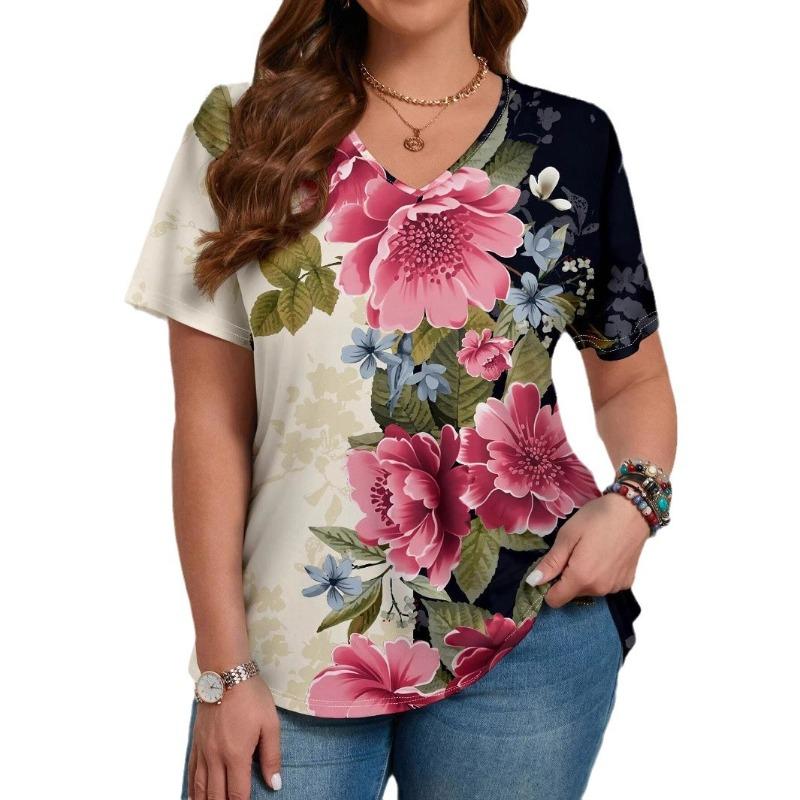 Summer Flower 3D Printed T-shirt for Women, V-neck Short Sleeve XS