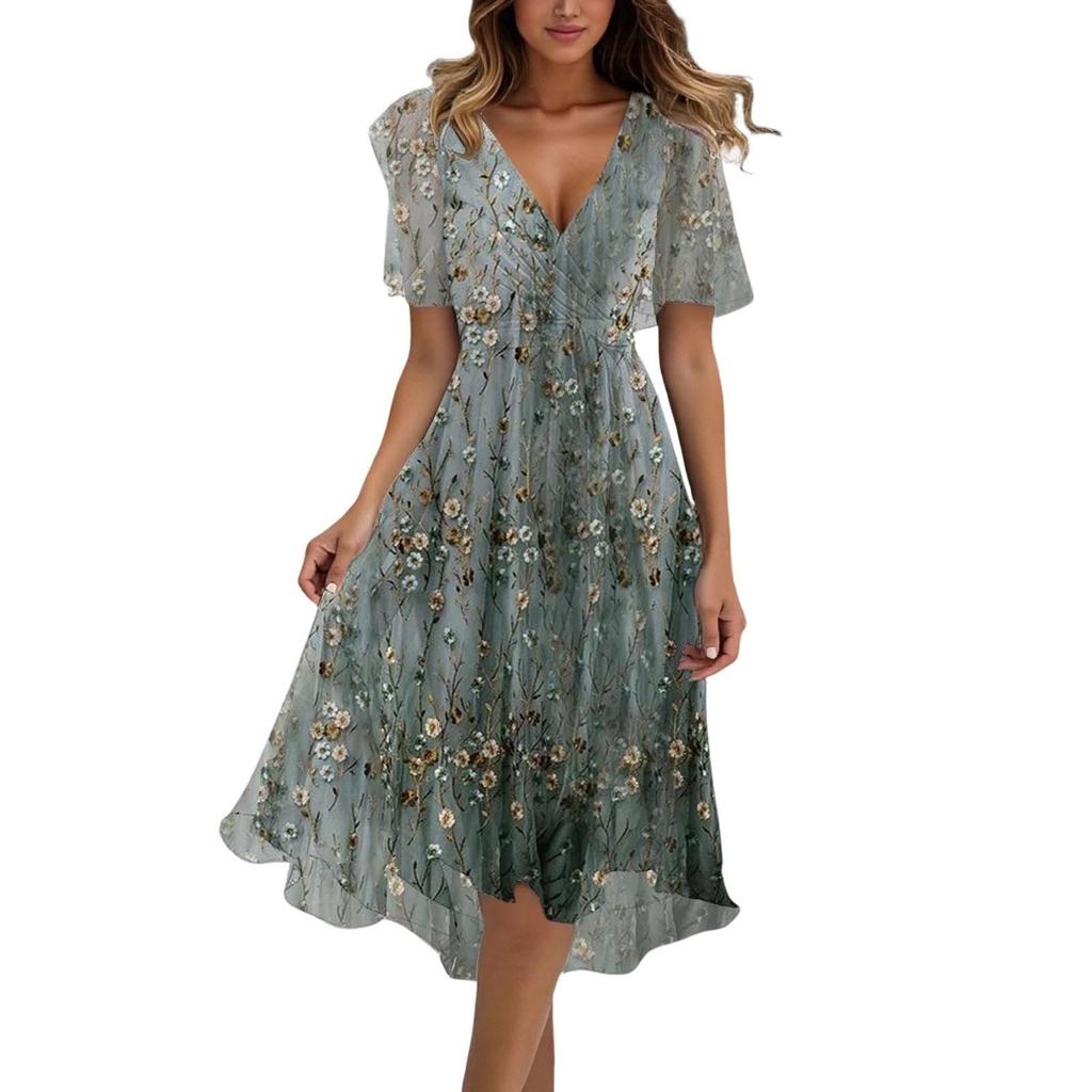 Women's Summer Loose V Neck Short Sleeve Dress, Elegant Dress