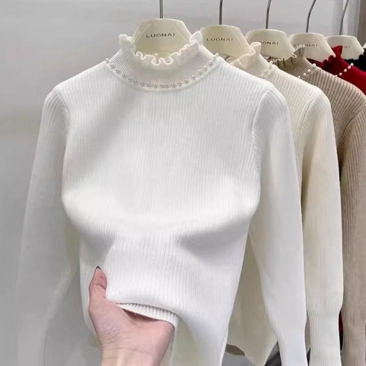 Thickened Velvet Sweater Women's Wooden Ear Nail Bead Knitted Sweater Solid Color Warm One Fleece Inner Hoodie