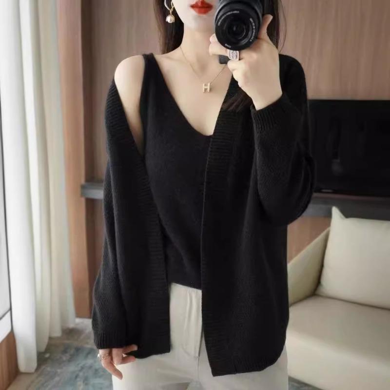 Autumn and winter new sweater jacket lazy wind long-sleeved knitted cardigan jacket vest two-piece set outer top