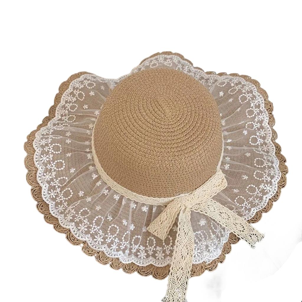 Ladies' Wide Brim Straw Sun Hat with Lace Bow Sweet French Cap Summer Beach Outdoor Foldable Sunscreen Hats for Travel Vacation