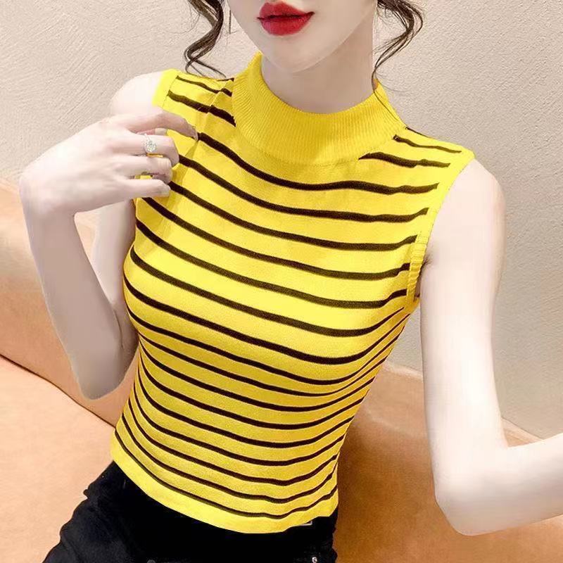 Women's Slim Short Half-high Neck Knitted Top Outerwear Layered Vest Sleeveless Small Striped