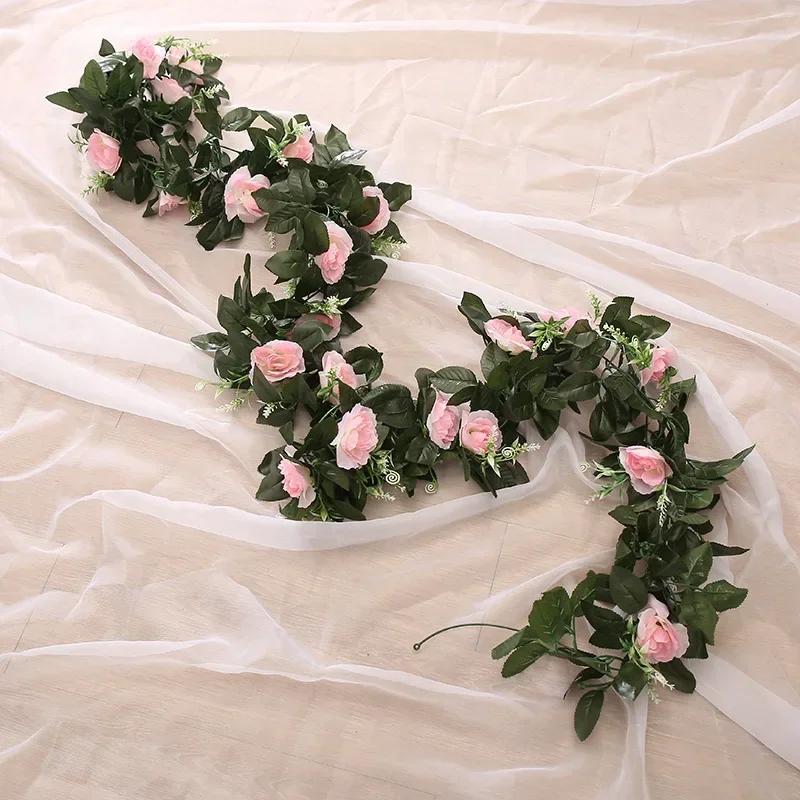 New Vine Hanging Silk Artificial Rose Flowers for Wall Christmas Fake Plants Leaves Garland Romantic Wedding Home Decoration