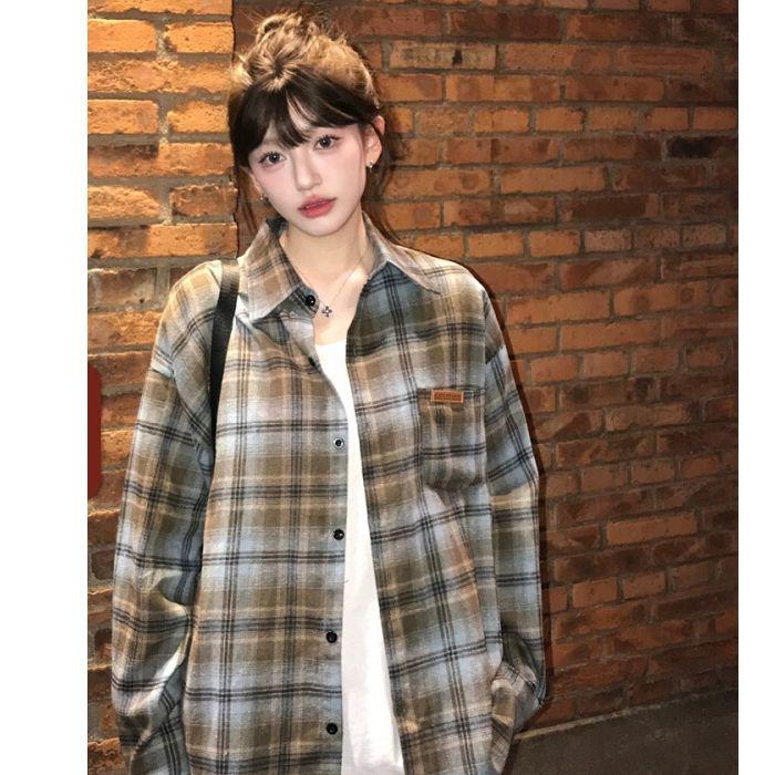 

Ретро рубашка в клетку с цветными блоками для женской весенне-летней моды, повседневная рубашка, свободное и универсальное пальто 2XL