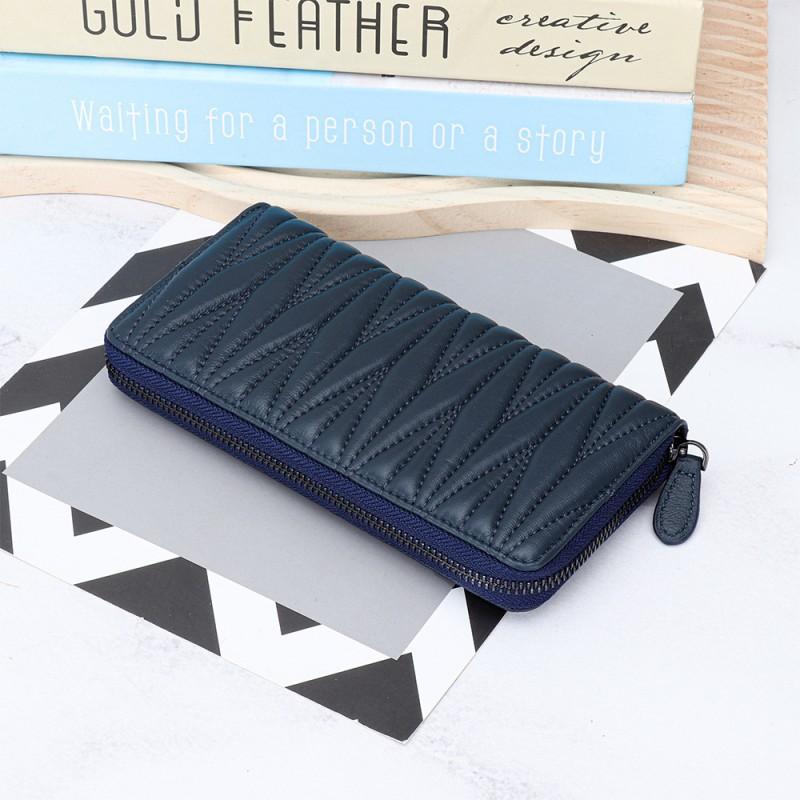 Sheepskin Embroidered Wrinkled Long Wallet Women Large Capacity Multi-slot Hand-held Zipper Bag