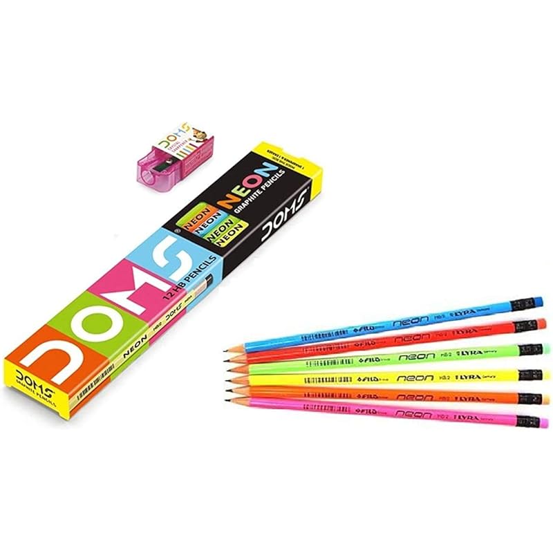 Doms Neon Rubber Tipped Hb/2 Graphite Pencils Box Pack | Non-Toxic | Free Sharpner Inside The Box | Easy & Smooth Sharpe 1 count (Pack of 3)