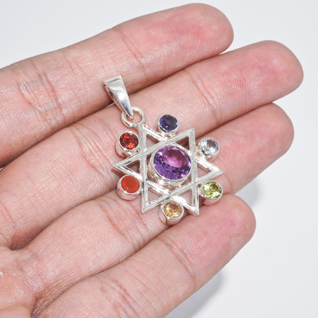 Star Chakra Pendant: 925 Sterling Silver Multi-Gemstone Healing Jewelry