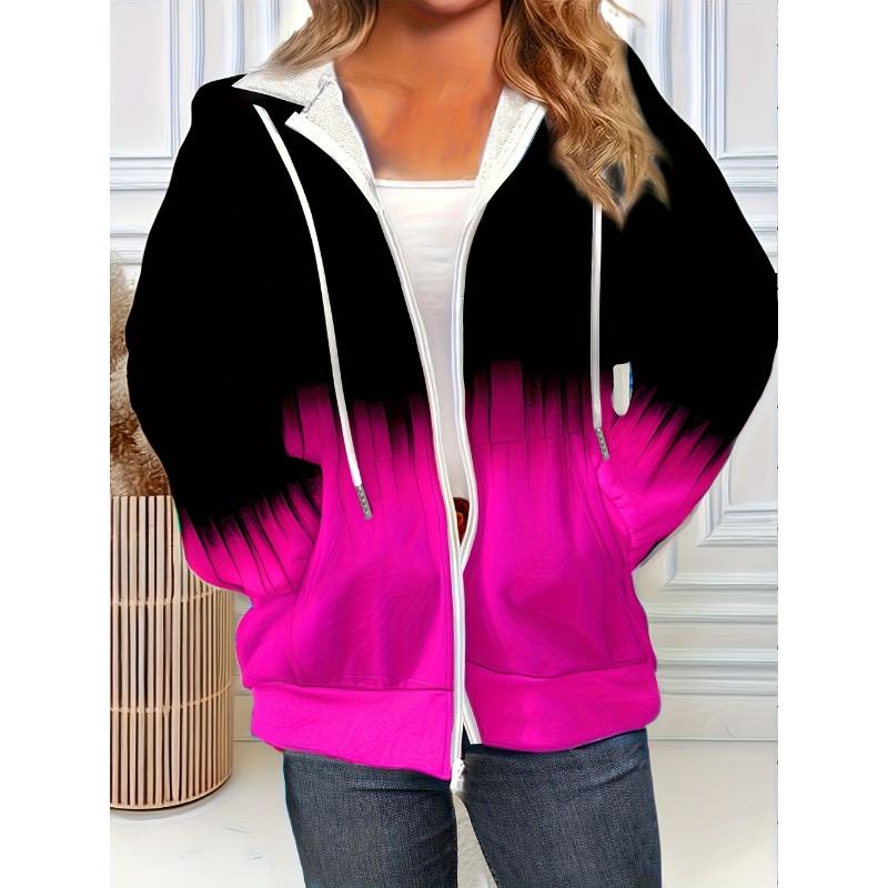 Woman Sweatshirts Simple Gradient Print Long Sleeves Zip Hoodie Autumn Casual Drawstring Design Fashion Women's Hoodie