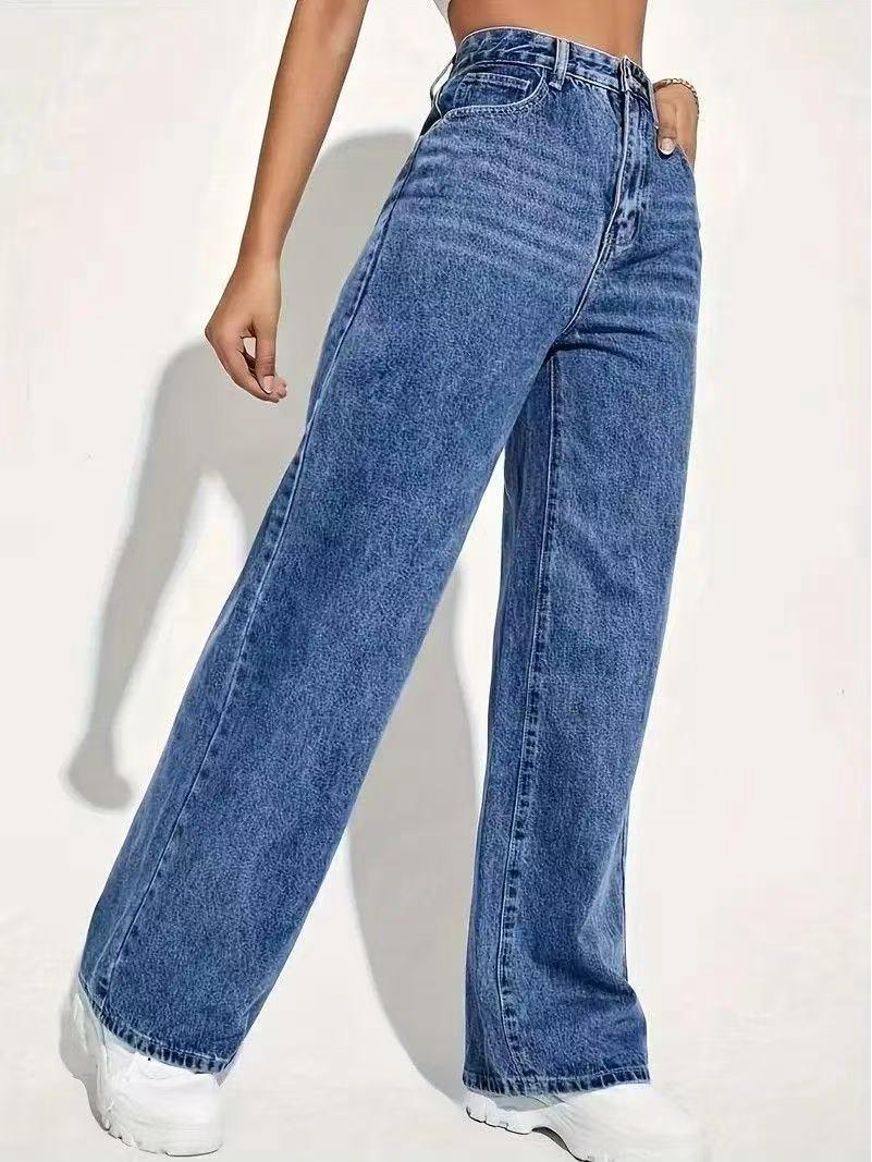 

High-Waisted Elastic Straight Leg Jeans for Women XXL темно-синього кольору