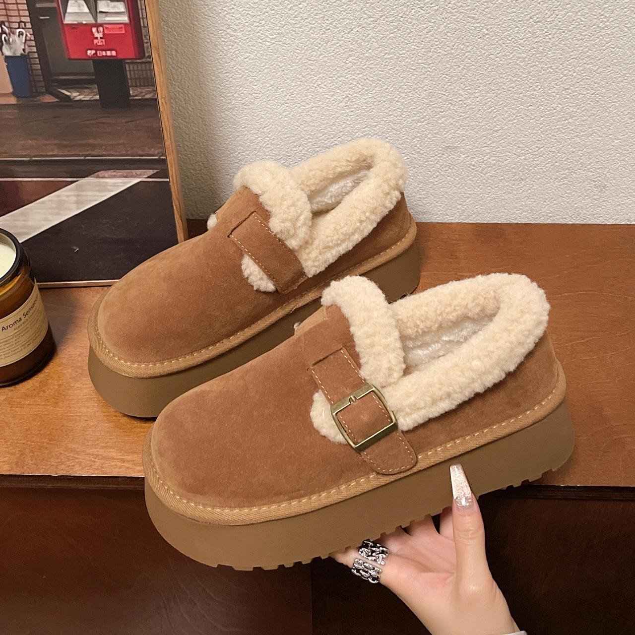 

Northeast cotton muffin bottom snow boots women s 2024 autumn and winter warm brown belt buckle Mao Mao single shoes outside 40 імбирний