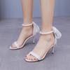 7 Cm White Beaded Streamer Sandals Thin Heel Fish Mouth Open Toe Mid-high Heel Sandals for Women with Shallow Mouth One-strip Women's Shoes