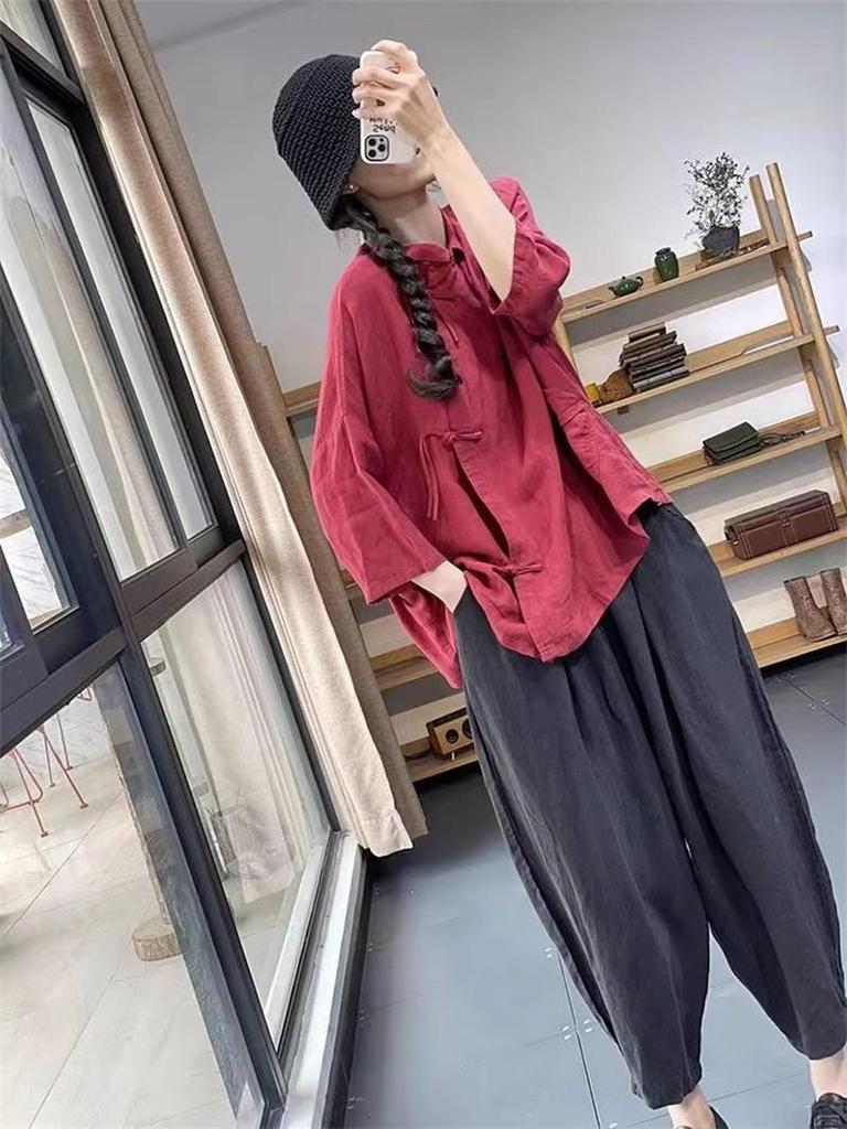 Women's Chinese Style Three-Quarter Sleeve Linen Shirt with Frog Button for Tea Ceremony