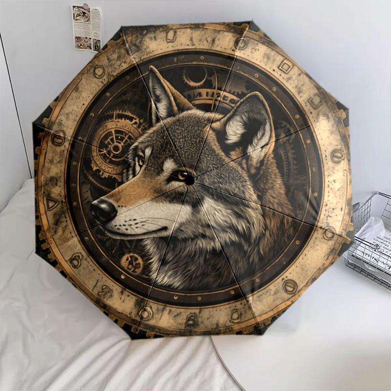 Gear Wolf pattern, automatic folding umbrella, portable and foldable design, 8 ribs, a Christmas or birthday gift.