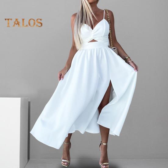 Dámské prázdninové šaty Hluboký výstřih do V Špagetová ramínka Vykrojená záda Bez rukávů Boční rozparek Plisované Jednobarevné Plážová párty Midi šaty Léto Dlouhé