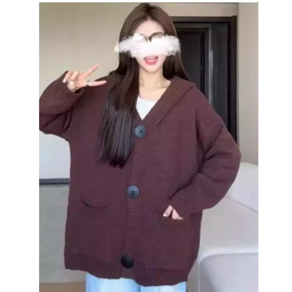 2024 High-End College-Style Hooded Pocket Cardigan: Autumn/Winter Loose Knit Sweater Coat