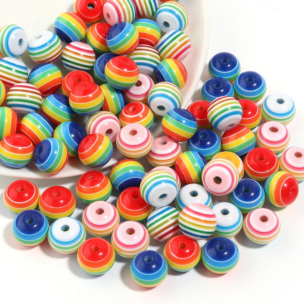 50pcs/Lot Resin Rainbow Beads Stripe Flat Round Loose Spacer Bead for DIY Bracelet Necklace Handmade Jewelry Accessories