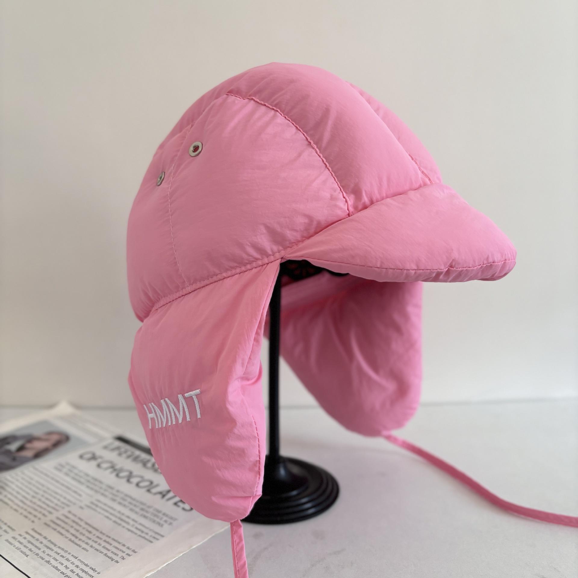 

Winter new solid color outdoor riding windproof and cold-proof down warm ear caps for men and women M（56-58cm） рожевий