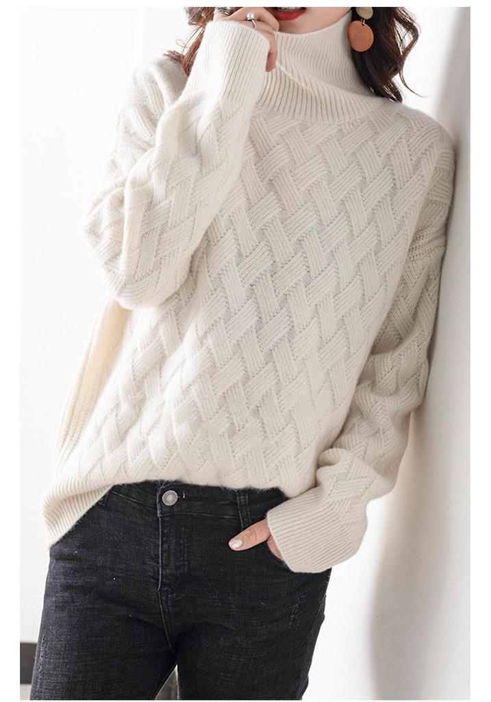 Women's High-Neck Ribbed Knit Sweater - Warm, Thick, Loose Fit for Autumn/Winter 2024, Korean Style