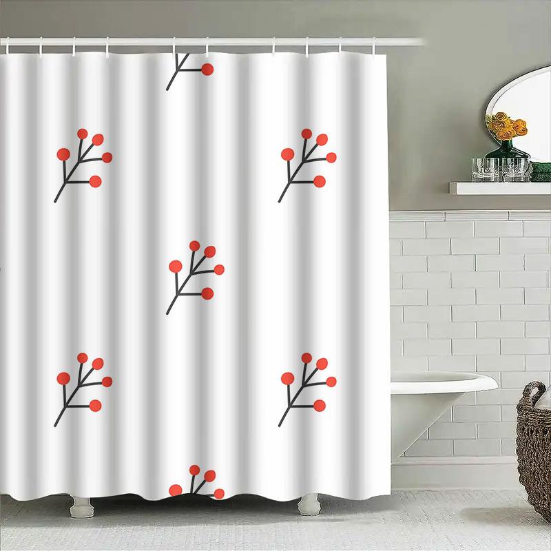 Stylish Bath Curtain Modern Decorative Shower Panel Printing Red Berries White Fabric Waterproof Bathtub Door Privacy Rod Pocket