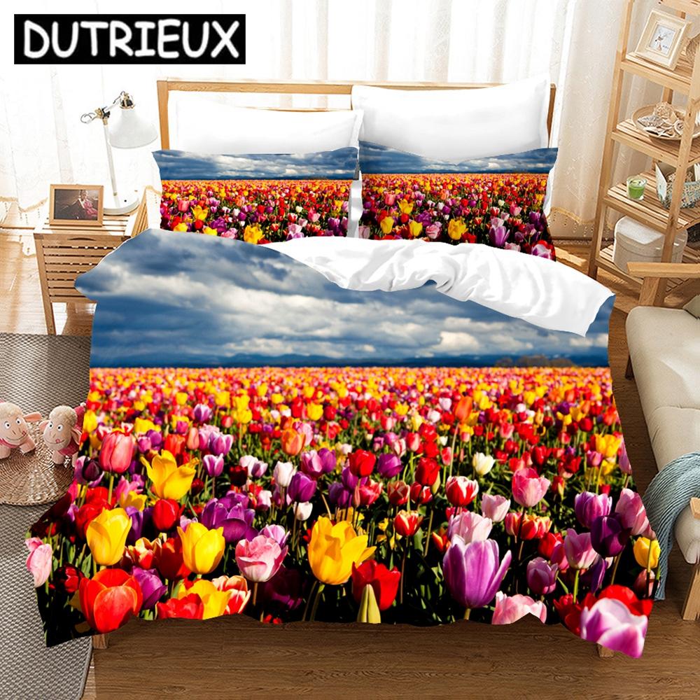 Pink Tulip Bedding Set Elegant Flower Scenery 3d Duvet Cover Pillowcases Bed Linen Twin Queen King Single Size Duvet Cover Set