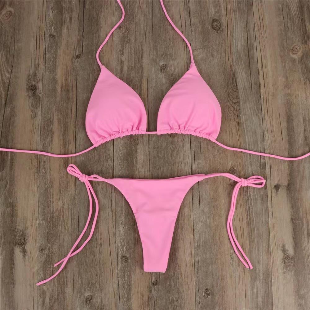 European & American Solid Color Bikini: Sexy, Adjustable, Three-Piece Swimsuit with Split Design for Women.
