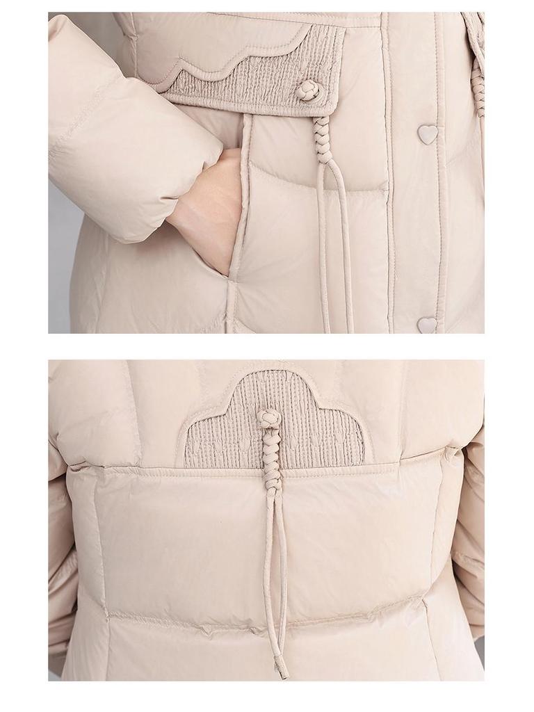 Women's Mid-Length Hooded Lace Pocket Down Jacket - 2025 Winter Slim Fit White Duck Down Coat