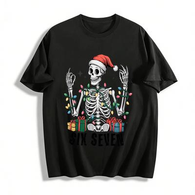 Christmas Skeleton Lights Print Top Unisex Holiday Tee Pure Cotton T-shirt