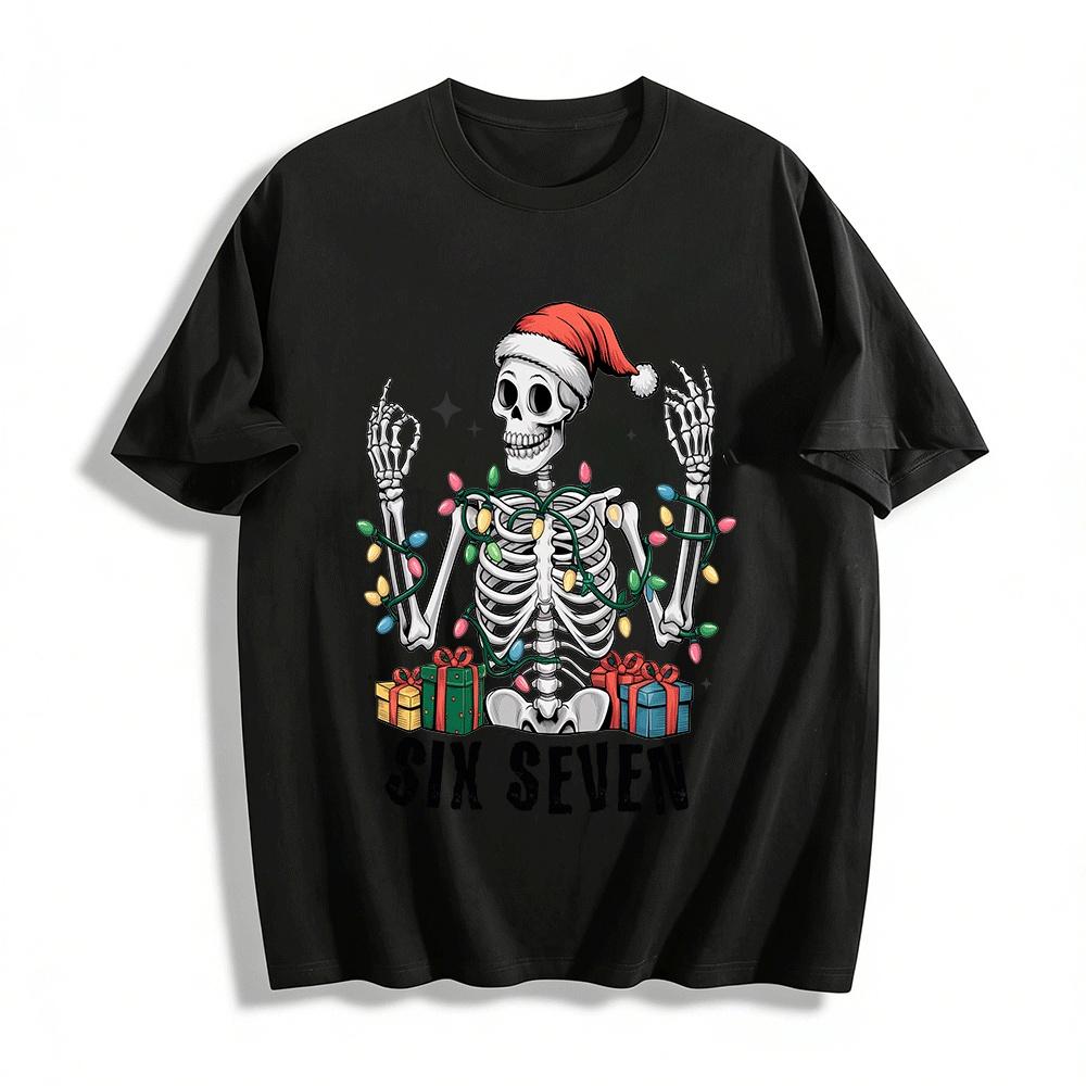 

Christmas Skeleton Lights Print Top Unisex Holiday Tee Pure cotton T-shirt XXS