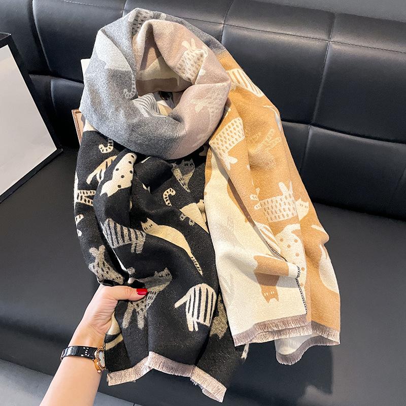 Scarf female retro autumn and winter versatile color matching cartoon cat long thickened warm imitation cashmere shawl
