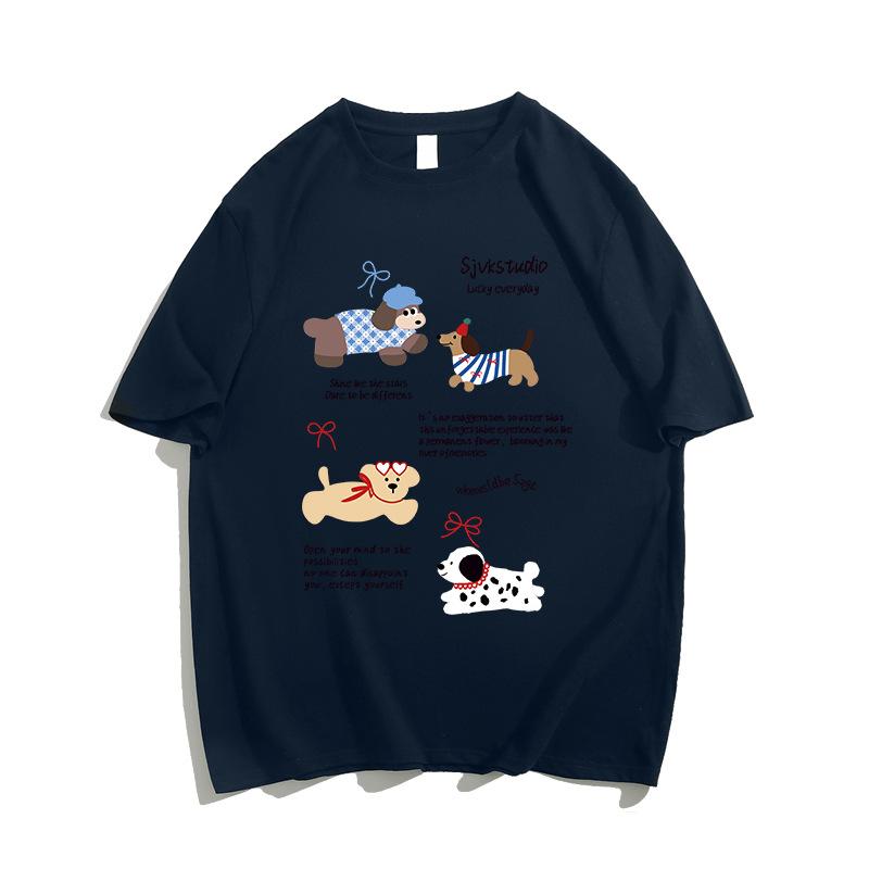 

American retro trendy brand puppy printing short-sleeved t-shirt women s summer new loose large version pure cotton half-sleeved clothes 3xl (160-180 recommended) Темно-синій