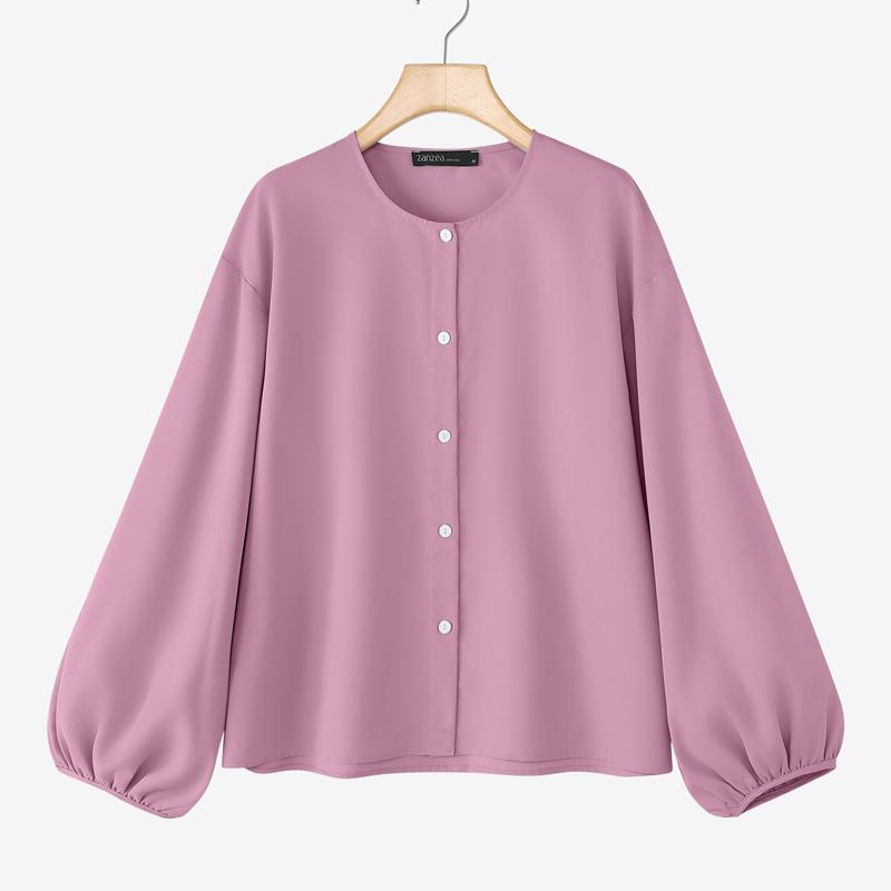 

ZANZEA Женская повседневная блузка с круглым вырезом, свободная, на пуговицах, с длинным рукавом 5XL розовый
