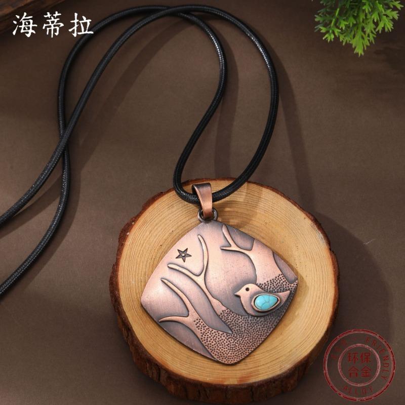 New Square Bird Turquoise Inlaid Leather Rope Pendant Women's Creative Bohemian Bird Branch Necklace